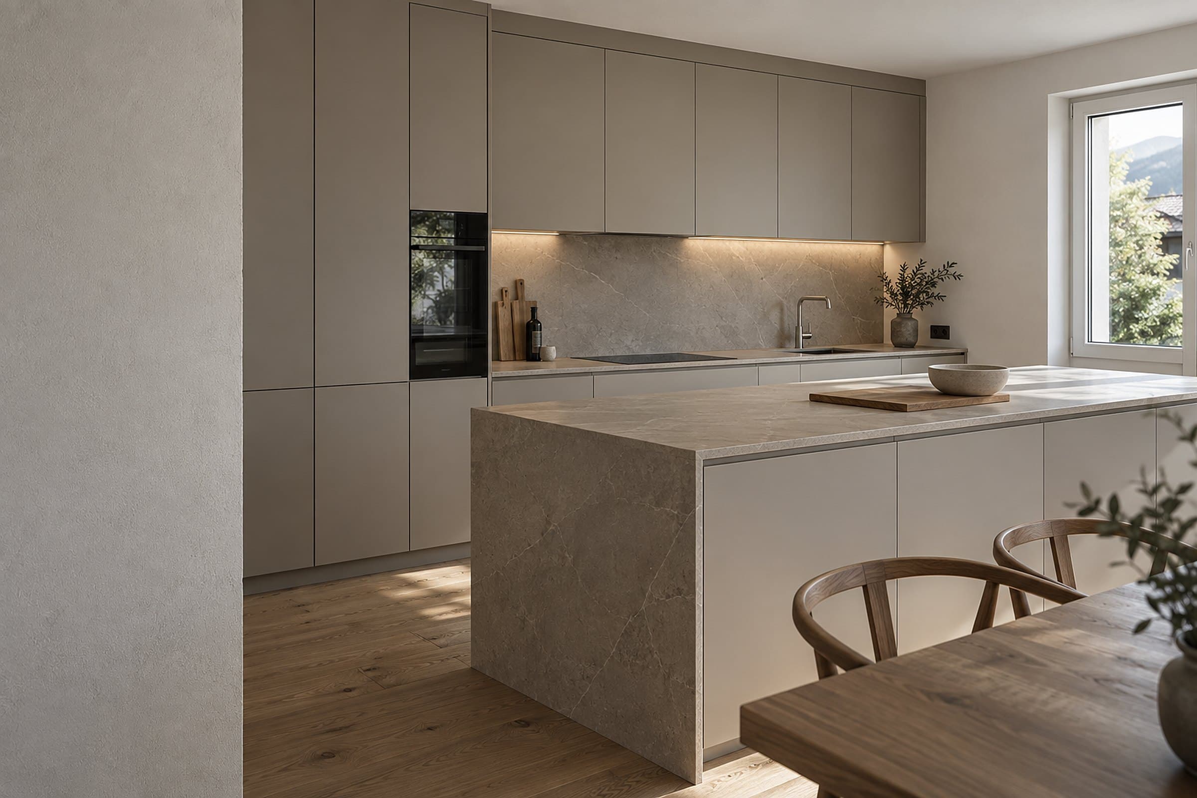 Küche mit matten graubeigen Fronten, Hochschrank mit eingebautem Backofen, flachem Dunstabzug unter den Oberschränken, Steinrückwand und Kücheninsel mit Steinabdeckung auf Eichenparkett