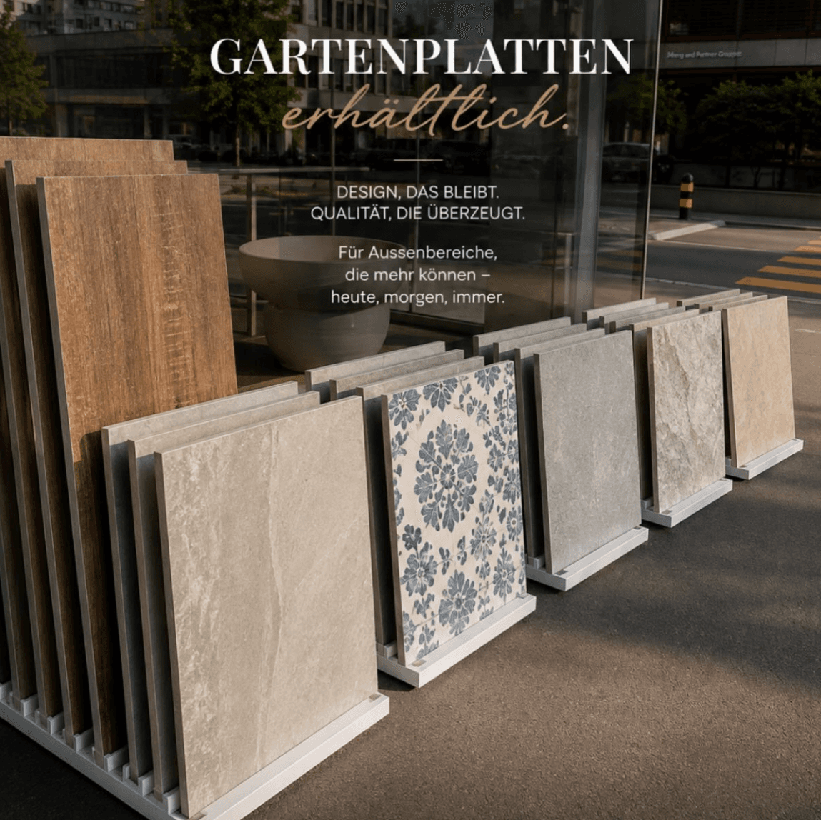 Aufsteller mit Gartenplatten und Feinsteinzeug vor dem OVEA Showroom in Baden