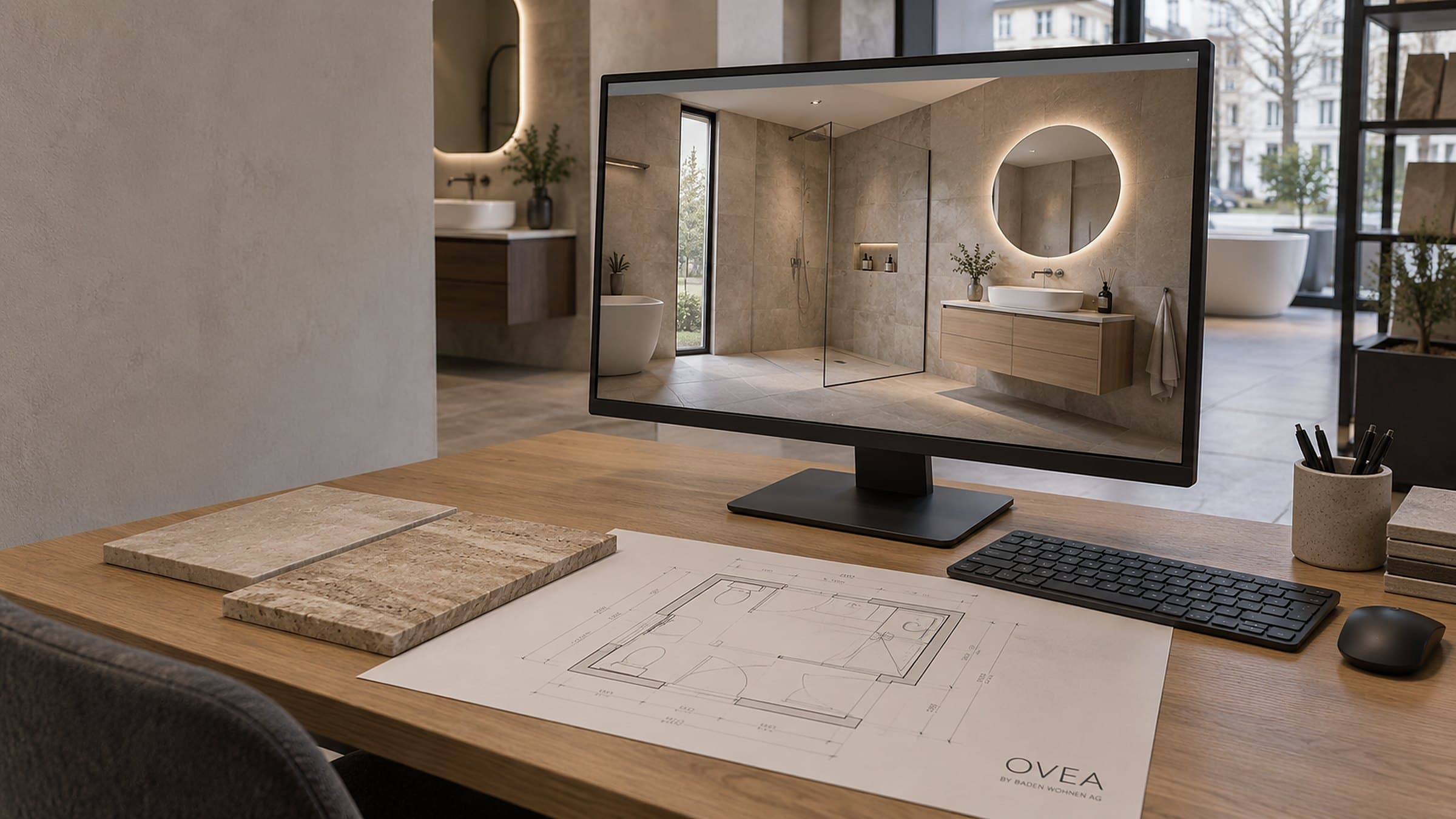 Bildschirm mit der 3D-Visualisierung eines Badezimmers, daneben zwei Plattenmuster und ein ausgedruckter Grundriss